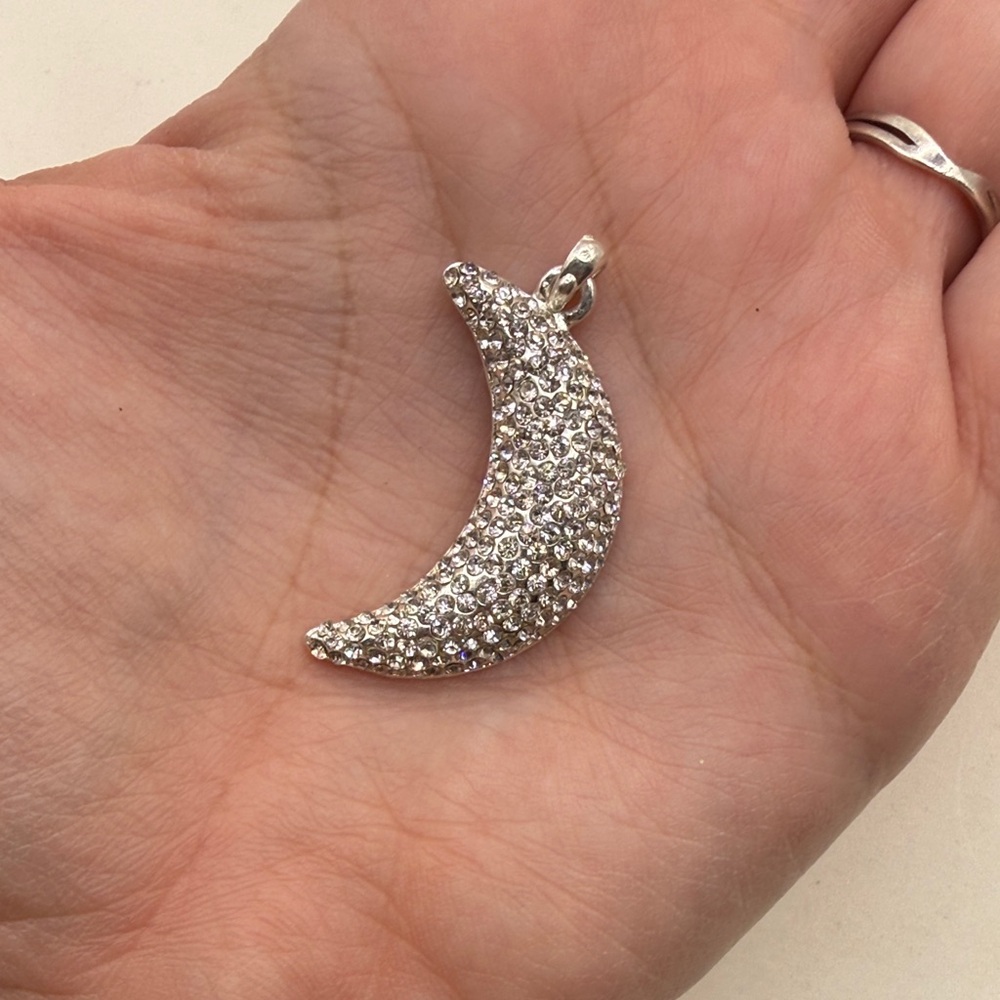 Silver Tone Crescent Moon Pendant Pave Rhinestone Celestial Charm Necklace Boho